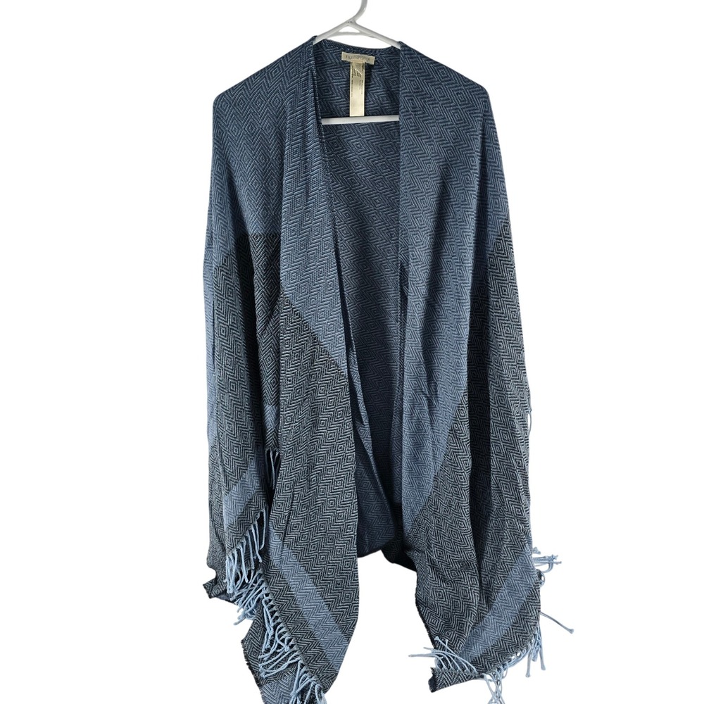 Eileen Fisher Blue Black Recycled Cotton Diamond Jacquard Fringe Poncho Wrap OS